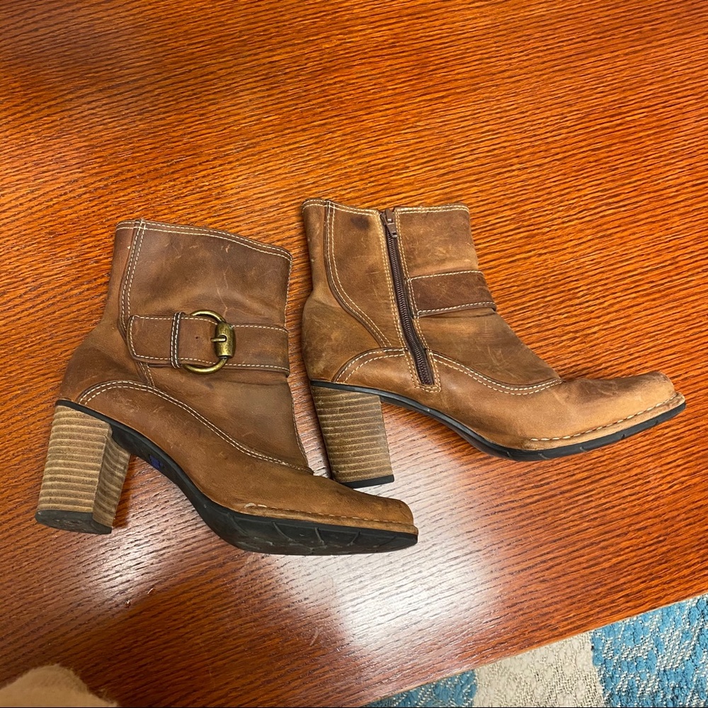 Indigo Clark’s brown leather buckle ankle boots